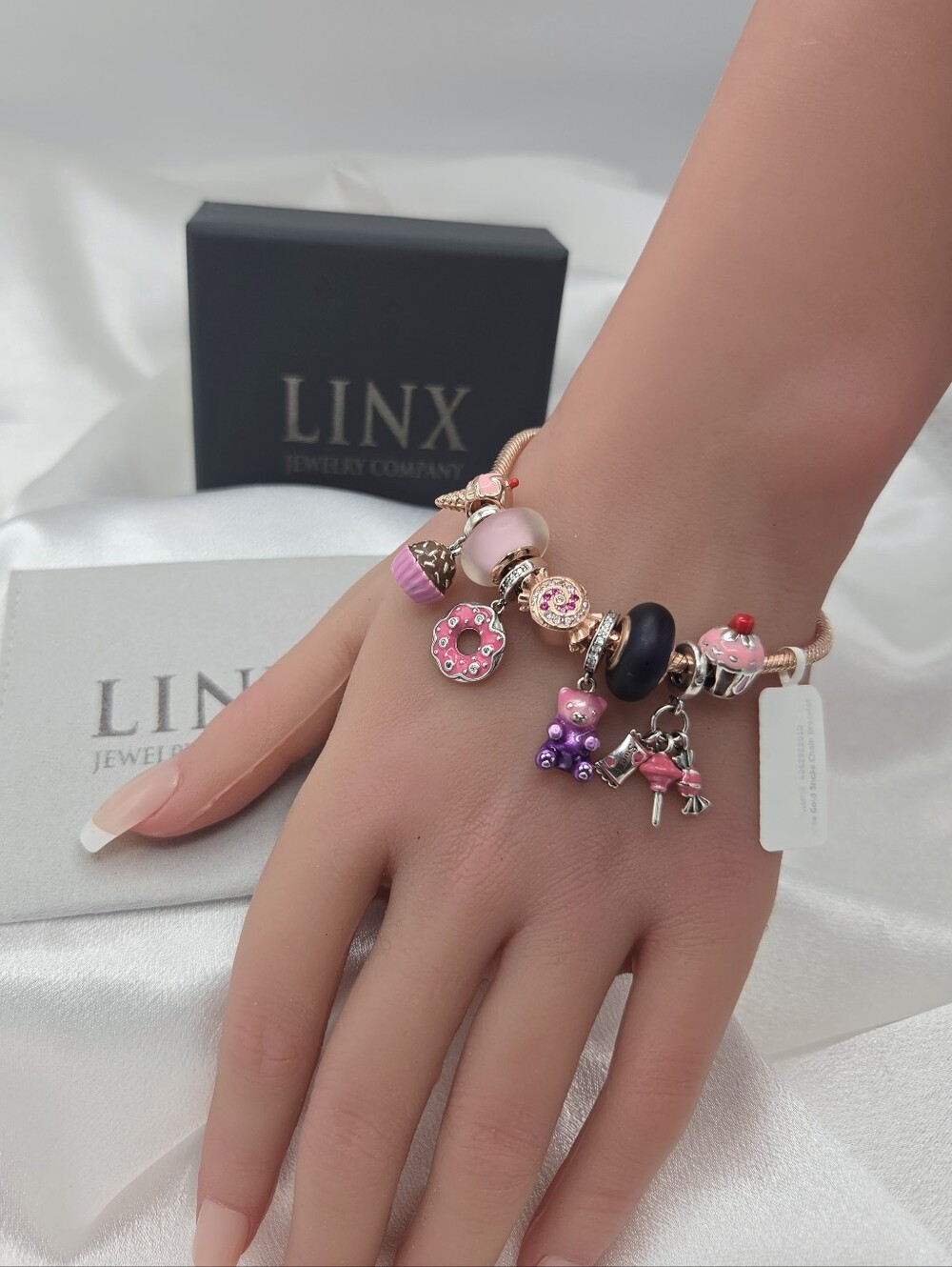 Linx Rose Gold Snake Chain Bracelet With Sweets Charms